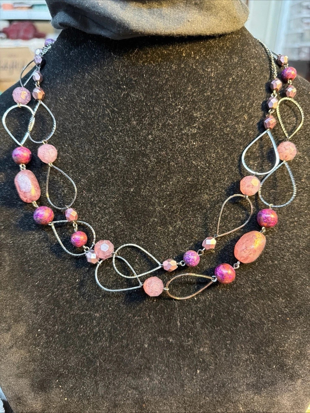 Premier Designs Pink & Purple Beaded Statement Necklace 48”